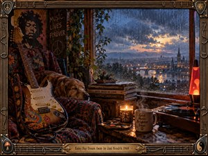 A richly detailed rainy retreat frames a floral electric guitar, sleeping dog, vinyl records, candle, turntable, and glowing lava lamp beside a rain-streaked window. Deep blues and warm amber light create a dreamy, reflective mood, while the distant illuminated city and ornate musical frame evoke psychedelic 1960s nostalgia.