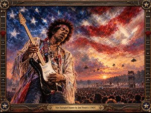 A passionate guitarist dominates a vast festival scene beneath a turbulent red, white, and blue sky, where a luminous dove contrasts with distant helicopters. Fiery sunset light, dense crowds, expressive brushwork, and psychedelic color create a powerful mood of conflict, freedom, and transformation, framed by ornate guitar-inspired metalwork.