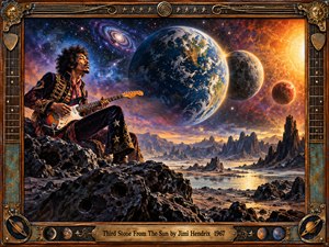 A psychedelic cosmic landscape shows Jimi Hendrix seated on a rocky alien ridge, playing electric guitar beneath enormous planets, galaxies, and a blazing celestial horizon. Rich blues, violets, golds, and fiery oranges create dramatic contrast, while intricate painterly textures, glowing light, rugged terrain, and an ornate guitar-themed frame evoke visionary 1960s science fiction.