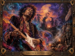 A psychedelic oil painting centers Jimi Hendrix performing amid swirling violet, turquoise, and fiery orange smoke beneath a glowing moon. Shadowy dancers, ritual objects, candles, masks, and feathers create a mystical nocturnal atmosphere. Dramatic warm lighting and intricate textures merge 1960s rock energy with dreamlike symbolism inside an ornate guitar-inspired frame.