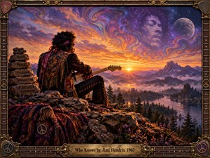A lone guitarist rests on a rocky overlook above a misty mountain valley at sunset, surrounded by warm amber light, deep purples, and glowing clouds. Psychedelic swirls form a dreamlike face in the starry sky, while peace symbols, carved stones, ornate guitar motifs, and a vintage frame reinforce the reflective 1960s atmosphere.