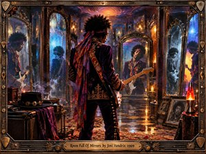 A psychedelic guitarist stands inside an ornate mirrored chamber, surrounded by fractured reflections that multiply his figure into shifting identities. Deep violet, electric blue, amber, and crimson tones glow beneath candles and surreal celestial light. Rich rugs, vintage furnishings, smoke, and intricate metallic framing create a mysterious, introspective late-sixties atmosphere.