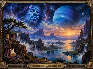 A cosmic canyon glows beneath a vast blue Neptune, with waterfalls, misty rivers, jagged cliffs, and a radiant sunset creating a dreamlike psychedelic atmosphere. Hendrix appears ethereally among the stars while a guitar rests beside a windswept tree. Rich blues, purples, golds, and ornate metallic framing evoke visionary 1960s artwork.