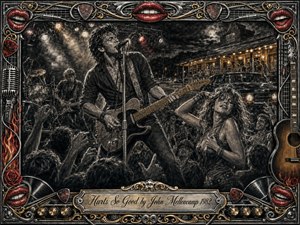 A fiery roadside rock performance unfolds in deep feathered charcoal, with a passionate guitarist-singer commanding the center as dancers and raised hands surge around him. Smoky stage lights, warm amber highlights, crimson lips, chrome, guitars, roses, and vintage Americana details create a rebellious, sensual mood, framed by ornate metallic rock-and-roll ornamentation.