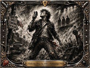 A defiant singer dominates a gritty small-town street and concert scene, gripping a vintage microphone beneath harsh stage lights while shadowy authority figures loom behind him. Deep charcoal blacks, smoky grays, muted reds, and gold accents create rebellious energy. Sweeping textures, cheering silhouettes, guitars, speakers, and an ornate metallic frame complete the dramatic composition.