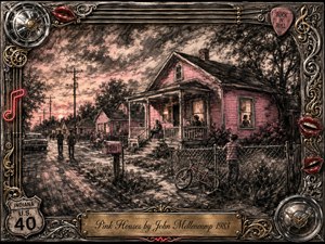 A weathered pink house anchors a quiet small-town street at sunset, surrounded by neighbors, porch figures, a bicycle, mailbox, telephone poles, and vintage car. Deep feathered charcoal textures blend with muted pink highlights and warm window light, while an ornate chrome-and-gold rock-and-roll frame adds nostalgic Americana character.