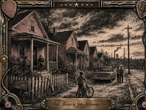 A weathered row of pink American houses stretches along a quiet working-class street beneath a dramatic charcoal sky. Neighbors gather on porches while a child pauses beside a bicycle and an old pickup truck. Muted rose, sepia, and black tones create a nostalgic, reflective mood, framed by ornate musical hardware and vintage records.