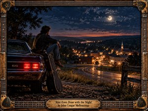 A lone man sits beside a classic muscle car and guitar case on a hillside overlooking a glowing small town at night. Moonlight, fading sunset reds, wet roads, and warm streetlights create a reflective, restless mood. Rich photographic realism, deep blues, amber highlights, and a rugged guitar-themed frame evoke youthful longing and open-road nostalgia.