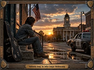 A lone young man in faded denim sits beside a battered guitar case on wet courthouse steps, facing a quiet small-town street at sunset. Golden light reflects across puddles beneath stormy blue-gray clouds, while an aging police cruiser and civic architecture heighten the rebellious tension. The realistic artwork is framed with weathered metal, strings, picks, and brass.