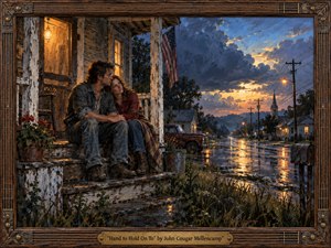 A weathered couple sits closely together on a small-town porch after rain, framed by warm lamplight and a glowing stormy sunset. Wet streets reflect amber lights beneath deep blue clouds, while an old truck, church steeple, and modest homes evoke Americana. Richly textured painterly details create tenderness, resilience, and quiet companionship.