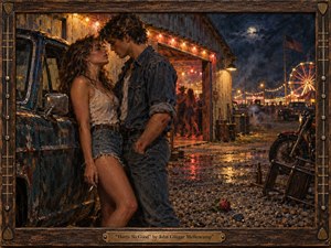 A rain-soaked nighttime fairground frames an intimate couple leaning together beside a weathered blue truck, charged with restless attraction and danger. Warm carnival lights, a glowing Ferris wheel, motorcycles, scattered debris, and wet reflections contrast deep blues and amber tones. Thick painterly textures and a rustic guitar-themed frame evoke gritty 1980s Americana.