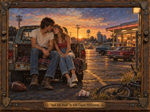 A young couple sits close on a weathered pickup tailgate beside a glowing roadside diner at sunset. Warm amber light meets deepening blue and violet skies, creating a tender, nostalgic small-town mood. Rich painterly textures, cracked asphalt, vintage cars, telephone poles, a bicycle, football, and handcrafted guitar-themed framing deepen the Americana atmosphere.