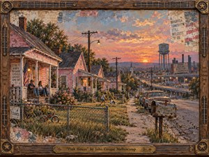 A weathered row of pink working-class houses overlooks a fading industrial town at sunset, balancing warmth, pride, hardship, and uneasy hope. Golden-orange light washes cracked streets, porches, old cars, flowers, and power lines. Richly textured painterly surfaces, distressed Americana details, and a rustic guitar-themed frame create a nostalgic, handcrafted mood.