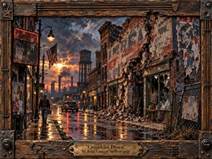 A lone working-class figure walks through a rain-soaked industrial main street as crumbling brick storefronts, shattered windows, and faded Americana suggest decline and resilience. Stormy blue-gray clouds glow with ember-orange sunset light, reflecting across wet pavement. Rich mixed-media textures, rusted wood, metal, and aged brass frame the gritty scene.