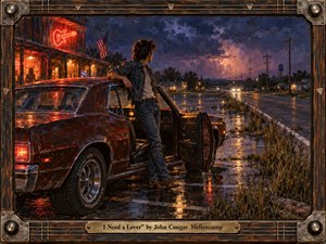 A restless young man leans beside a weathered muscle car outside a glowing roadside bar on a rain-soaked Midwestern night. Deep blues, rusty reds, and neon amber reflect across wet pavement beneath storm-lit clouds. Textured oil-style brushwork, telephone poles, distant headlights, and a guitar-inspired wooden frame create longing, tension, and open-road energy.