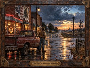A lone man stands beside a weathered red pickup on a rain-soaked small-town street at dusk, facing an open road beneath turbulent blue-gray clouds. Warm diner lights and neon glow contrast with the cool stormy landscape. Painterly textures, reflective pavement, railroad tracks, autumn leaves, and a rugged guitar-themed wooden frame evoke restless nostalgia and hard-won hope.