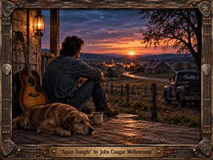 A nostalgic Americana scene shows a solitary man in denim resting on a weathered porch, gazing toward a glowing town beyond winding countryside. A guitar, sleeping dog, vintage pickup, and lantern deepen the intimate mood. Warm amber sunset contrasts with purple-blue clouds, rendered in richly textured painterly realism with handcrafted wood-and-metal musical framing.