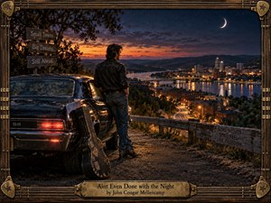 A cinematic Americana scene shows a young man beside a vintage black muscle car and worn guitar case, gazing over a riverside town at dusk. A winding road descends toward glowing bridges and city lights beneath a crescent moon. Warm amber light contrasts with deep blue skies, rendered with richly textured, handcrafted realism.