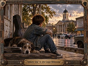 A reflective young man in denim sits with his dog on a weathered porch overlooking a rain-soaked small-town street and illuminated courthouse. Warm sunset light breaks through stormy clouds, contrasting amber highlights with cool blue-gray shadows. Richly textured Americana styling, vintage vehicles, guitar case, civic imagery, and a handcrafted guitar-string frame reinforce the songs rebellious, contemplative mood.