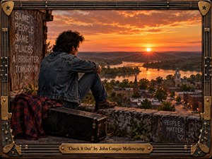 A rugged man in worn denim sits beside a weathered guitar case overlooking a small American town and winding river at sunset. Warm orange and gold light bathes the valley, bridges, rooftops, and distant hills. The handcrafted Americana style combines cinematic realism with aged wood, brass, leather, guitar-string framing, and nostalgic imperfections.