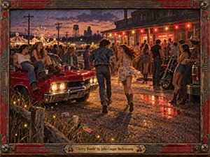A lively small-town summer night unfolds outside a glowing roadhouse, where young people gather around a cherry-red muscle car, motorcycles, and carnival lights. Warm reds, ambers, and dusky blues create a nostalgic, bittersweet mood. Textured oil-paint brushwork, reflective gravel, fireflies, vintage clothing, and a weathered guitar-themed frame deepen the handcrafted Americana atmosphere.