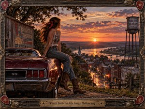 A windswept young woman sits on a weathered maroon muscle car above a glowing small town at sunset. Warm orange and violet light reflects across the river, bridge, rooftops, and wet streets, creating nostalgic Americana mood. A richly distressed guitar-inspired metal frame, star details, and engraved title plate complete the handcrafted composition.