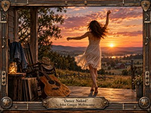 A barefoot woman dances freely on a weathered farmhouse porch at sunset, surrounded by an acoustic guitar, rocking chair, records, wildflowers, and glowing mason jar. Warm amber and rose light fills the rural valley beyond, creating a nostalgic, liberated mood within a richly textured, handcrafted wood-and-metal musical frame.
