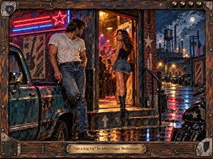 A rugged man leans against a weathered pickup outside a neon-lit small-town bar as a confident woman glances back from the doorway. Rain-slick pavement reflects red, blue, and amber light beneath an industrial night sky. Rich oil-like textures, worn wood framing, motorcycles, brickwork, and glowing interiors create gritty, sensual Americana.