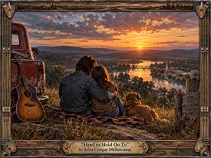 A richly detailed Americana scene shows a couple and their dog seated on a grassy overlook beside a weathered red pickup and acoustic guitar, gazing across a glowing river valley at sunset. Warm amber, copper, and blue tones create nostalgic intimacy, while the handcrafted wood-and-metal frame and engraved title plate reinforce the rustic, timeless character.