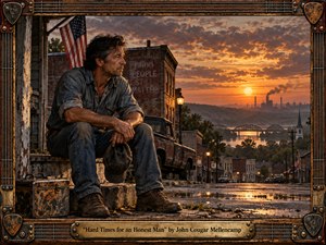 A weathered working man sits thoughtfully outside a distressed small-town storefront at sunset, surrounded by a rusty pickup and worn tools. Rain-slick streets lead toward a river, bridge, church, and distant industrial skyline beneath glowing orange clouds. Rich bronze, amber, charcoal, and denim tones create a cinematic, handcrafted Americana mood of hardship, dignity, and resilience.