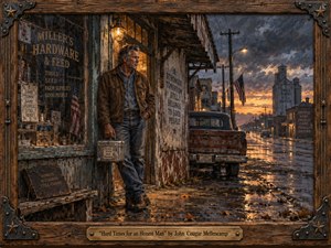 A weathered working man stands outside a fading small-town hardware store at rain-soaked dusk, holding a battered lunch pail beside an aging pickup. Warm amber light contrasts with stormy blues and rusted browns, creating a mood of hardship and quiet resilience. Textured oil-paint realism and a rugged wooden frame reinforce the handcrafted Americana character.