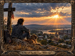 A solitary man and his dog sit on a rocky overlook above a small river town at sunset, contemplating distant factories, bridges, and a church steeple. Golden rays pierce heavy blue-gray clouds, creating a reflective, spiritual mood. Photorealistic detail, weathered Americana textures, and a guitar-inspired metal frame deepen the sense of hardship, faith, and endurance.