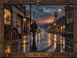 A solitary man walks down a rain-soaked industrial main street at twilight, surrounded by weathered brick buildings, power lines, a water tower, and glowing streetlamps. Deep blues, rusted browns, and fiery orange reflections create a brooding, reflective mood. Textured painterly detail, wet pavement, machinery, and curved tracks reinforce themes of endurance and time.