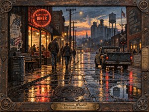A rain-soaked Midwestern town glows beneath a stormy twilight sky as weary workers walk past a warm neon diner and weathered pickup. Rust, amber, charcoal, and blue reflections deepen the melancholy mood. Rich oil-and-encaustic textures, industrial details, wheel motifs, and a distressed wood-and-metal frame evoke resilience, memory, and working-class endurance.