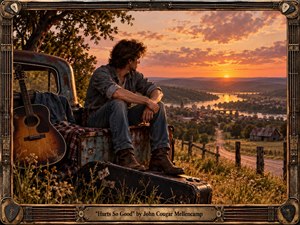 A young guitarist sits thoughtfully in the weathered bed of an old pickup truck overlooking a river valley at sunset. An acoustic guitar, worn case, rustic fence, fields, town, and distant hills create a nostalgic Americana setting. Warm amber and copper light intensify the reflective mood, rendered in cinematic, highly detailed realism with handcrafted vintage frame accents.