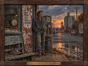 A weathered man stands quietly outside an aging small-town storefront, facing a sunset-lit main street of silos, utility poles, and reflective pavement. Muted rust, denim blue, amber, and gray create a reflective, resolute mood. Painterly textures, peeling signs, discarded shoes, autumn leaves, and a guitar-inspired wooden frame deepen the Americana atmosphere.
