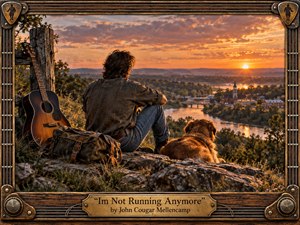 A contemplative man and his dog sit on a rocky overlook above a winding river and small riverside town at sunset. A weathered acoustic guitar and travel bag suggest freedom and reflection. Warm amber, copper, and earthy tones fill the scene, rendered in cinematic, richly textured realism, framed with rustic wood, metal, and guitar-inspired decorative details.