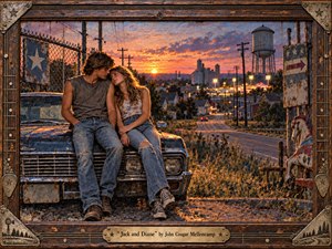 A young couple rests closely on a weathered vintage car overlooking a small American town at sunset. Warm amber, rust, faded blue, and violet tones create a tender, nostalgic mood. Oil-like textures, glowing fairground lights, telephone poles, a water tower, and a distressed wooden-and-metal frame evoke fleeting youth and bittersweet memory.