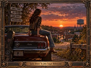 A windswept young woman sits on a vintage maroon Mustang overlooking a quiet Midwestern town at sunset. Warm orange and copper light bathes the road, rooftops, church steeple, and water tower, creating a nostalgic, contemplative mood. The richly textured Americana painting features a weathered guitar case, rustic signs, and an ornate, handcrafted metallic frame.