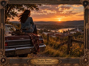 A young woman in denim sits on the trunk of a weathered maroon car, gazing across a small river town at sunset. Warm amber light, rolling hills, a bridge, church steeple, wildflowers, and rustic fencing create a reflective Americana mood, framed by richly detailed wood, brass, and guitar-inspired ornamentation.