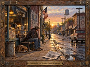 A weary man and his dog rest outside a small-town diner as golden evening light spills across rain-slick streets. Warm amber, rust, blue, and weathered brick tones create a reflective, resilient mood. Rich oil-painted textures, vintage storefronts, a pickup, water tower, church steeple, and rustic guitar-accented frame deepen the Americana atmosphere.