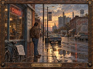 A solitary man stands outside a weathered small-town diner after rain, gazing down a reflective main street at sunset. Warm amber light contrasts with cool gray-blue pavement, brick storefronts, grain silos, and aging vehicles. Detailed painterly textures, distressed wood framing, guitar-string accents, and nostalgic industrial scenery create a reflective, quietly weary Americana mood.