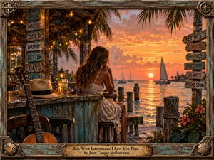 A richly textured oil painting portrays a woman seated on a weathered Key West waterfront porch at sunset, gazing toward sailboats crossing luminous turquoise water. Warm amber and coral light fills the sky, contrasting with aged teal wood, rustic nautical details, palms, string lights, and a guitar. The mood is nostalgic, romantic, and quietly anticipatory.