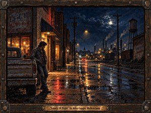 A solitary man leans beside a weathered pickup on a rain-soaked industrial street, surrounded by brick buildings, rail lines, smokestacks, and a distant water tower. Warm tavern light contrasts with deep midnight blues, amber streetlamps, red reflections, and moonlit clouds, creating a lonely, restless, cinematic oil-painted atmosphere.