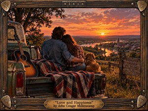 A couple and their dog sit in an aged pickup overlooking a glowing river valley at sunset. Warm amber, orange, and rose light bathes rolling hills, a distant town, and reflective water. Painterly realism, weathered textures, acoustic guitar, woven blanket, rustic frame, and engraved title plate create nostalgic warmth, romance, and contentment.