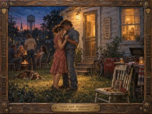 A couple dances closely in a firefly-lit small-town backyard at twilight, surrounded by friends, a weathered farmhouse, bicycle, old chair, and glowing windows. Warm amber light contrasts with deep blue evening skies, creating a tender, nostalgic mood. Painterly textures, rustic details, and a carved wooden frame enhance the handcrafted Americana atmosphere.