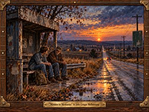 A young traveler and an older man share a quiet roadside moment beside a rain-darkened rural highway at sunset. Warm amber light reflects across puddles toward distant farms and town lights beneath violet-blue clouds. Rich oil-paint textures, weathered wood, autumn grasses, telephone poles, and a guitar-inspired brass-and-walnut frame create a nostalgic Americana mood.