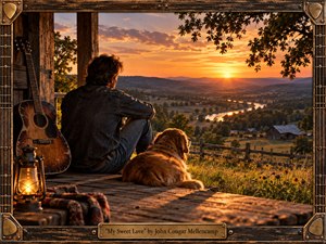 A denim-clad man and golden retriever rest on a weathered porch overlooking a winding river, farmland, and distant hills at sunset. Warm amber light, deep rustic browns, and glowing clouds create a tender, nostalgic mood. A worn guitar, lantern, wooden frame, brass accents, and engraved title plate complete the cinematic Americana scene.