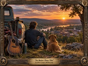 A contemplative man and loyal golden-brown dog sit beside a weathered vintage pickup and acoustic guitar, overlooking a river town at sunset. Warm amber light illuminates rolling hills, bridge, church steeple, and textured grass. Rustic wood and metal framing surrounds the cinematic Americana scene, emphasizing nostalgia, companionship, freedom, and quiet contentment.