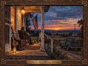 A weathered farmhouse porch overlooks quiet fields beneath a glowing rural sunset, where a solitary man rests beside an acoustic guitar, worn boots, sleeping dog, and old pickup truck. Warm amber lantern light contrasts with cool blue-violet skies. Rich oil-and-encaustic textures and a carved wood-and-bronze frame create a nostalgic, handcrafted Americana mood.